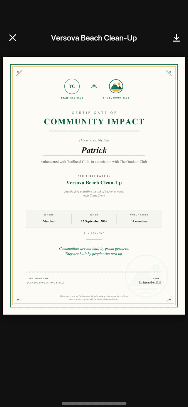 A serialised certificate of community impact issued to a member who attended.