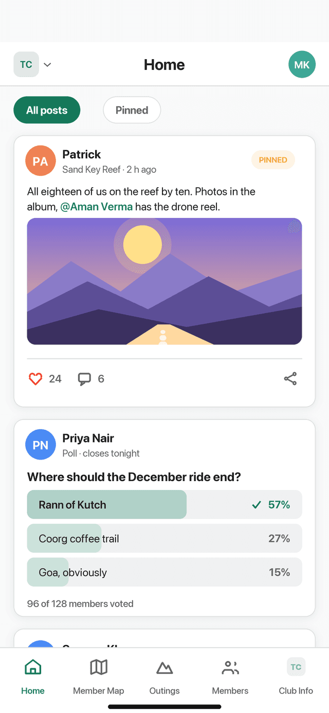 The club feed with a pinned photo post and an open poll.