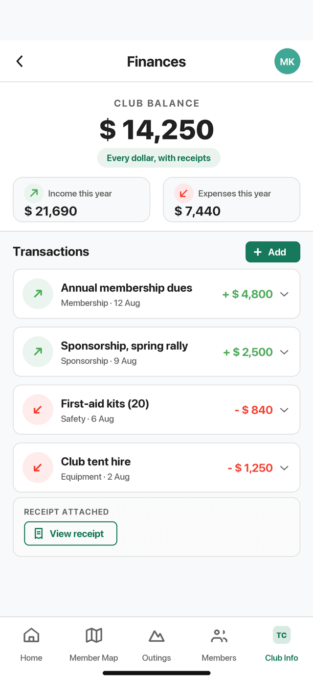 The club ledger: net balance, total income, total expense and the transaction history.
