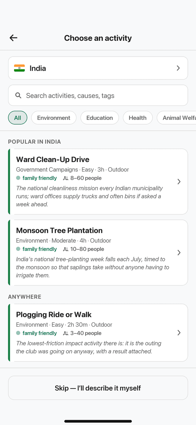 The impact activity catalogue, opened on India, with categories and suggested activities.