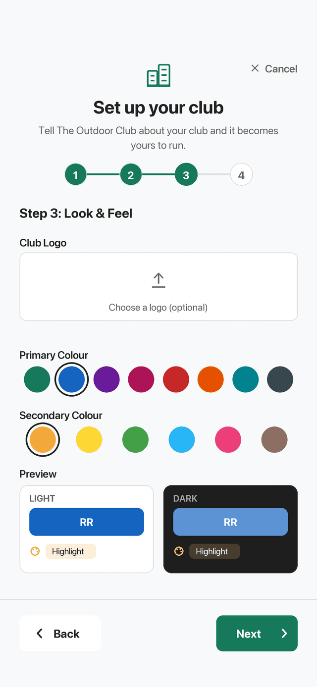Step 3 of the club setup wizard: uploading a crest and choosing two brand colours.