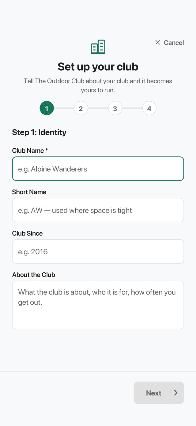 Step 1 of the club setup wizard: club name, short name, the year it was founded and a description.