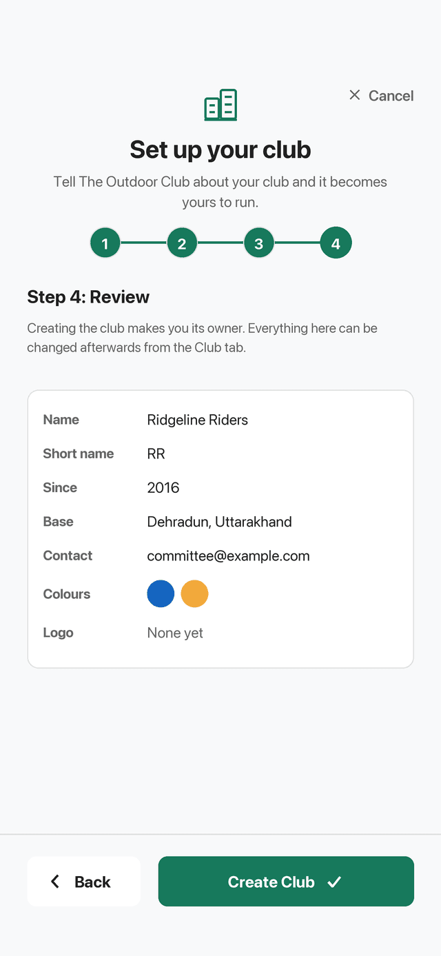 Step 4 of the club setup wizard: a review of every answer before the club is created.